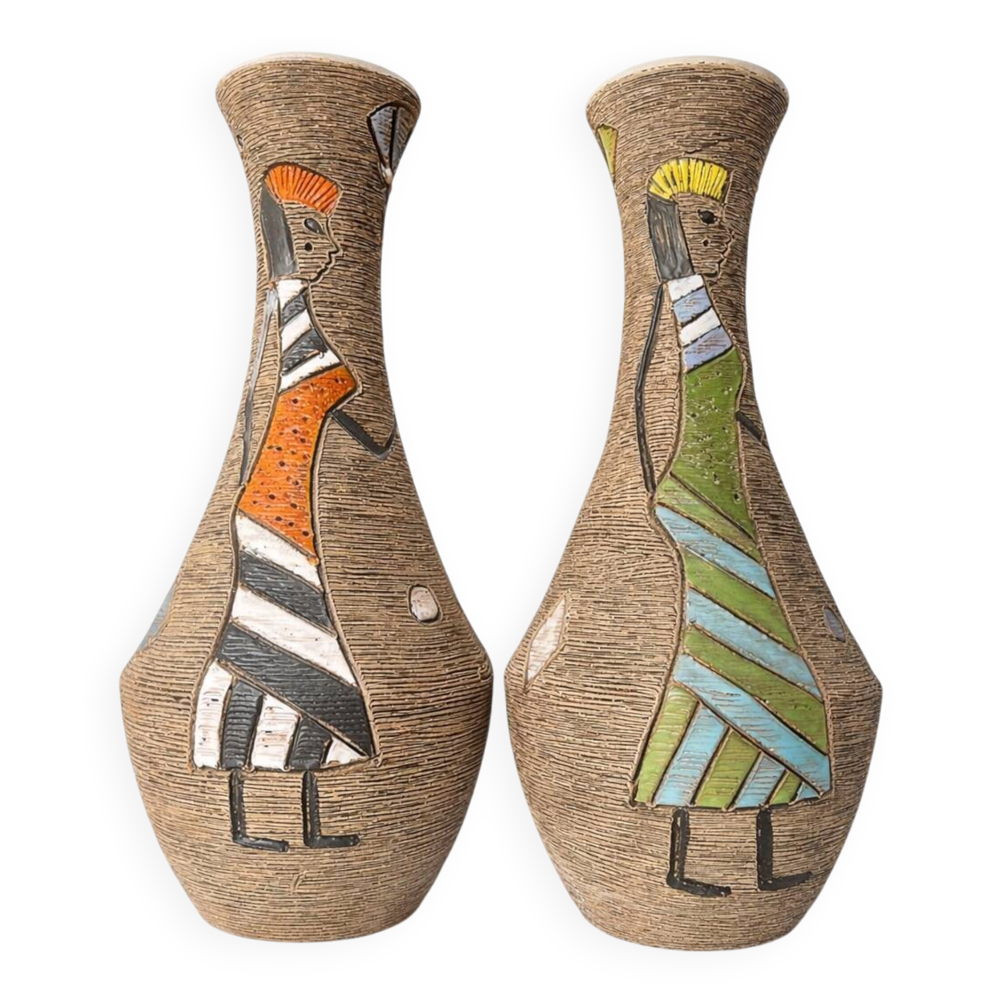 Pair of Fratelli Fanciullacci vases, sgraffito decoration with stylised figures,