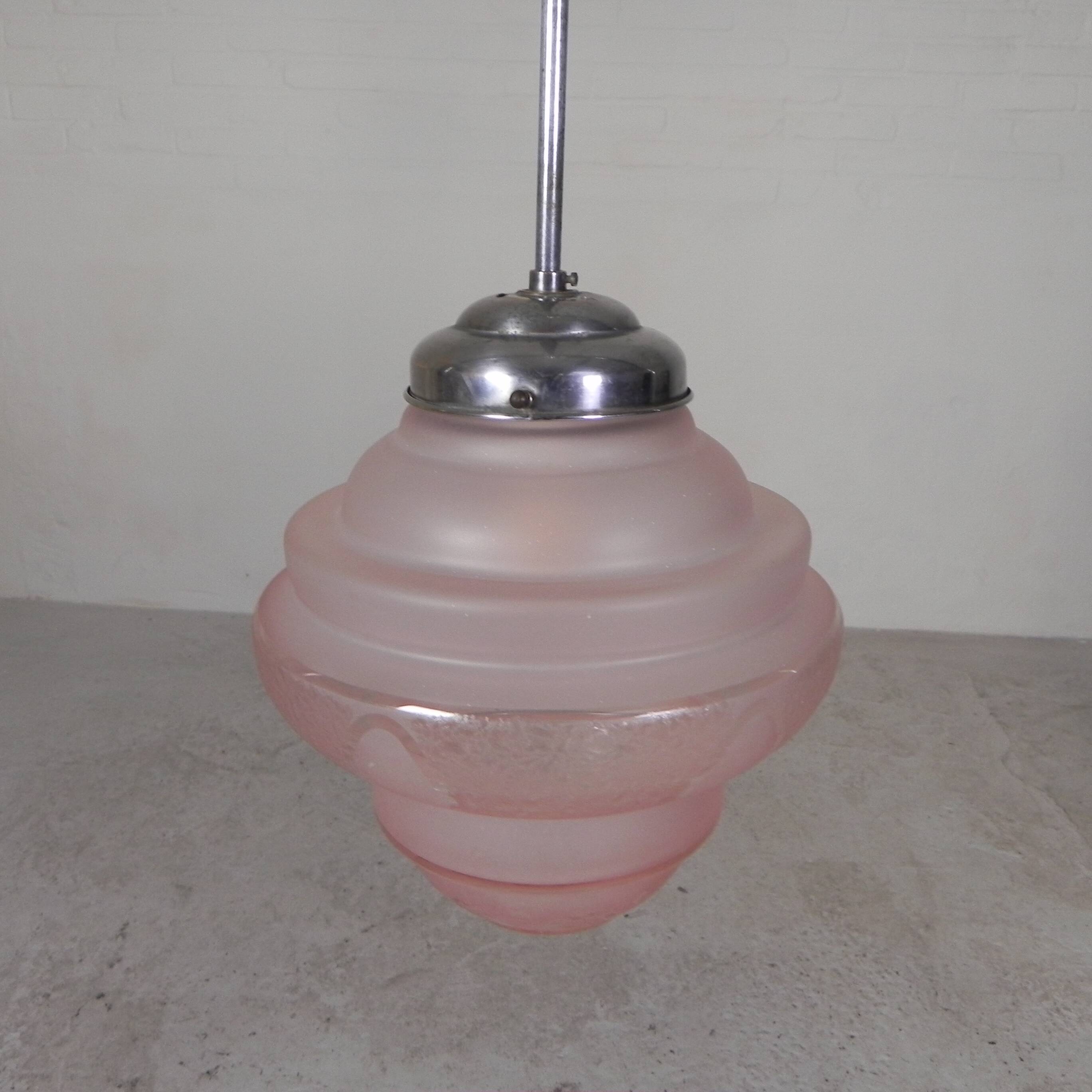Art Deco pendant lamp with pink glass shade, 1930s