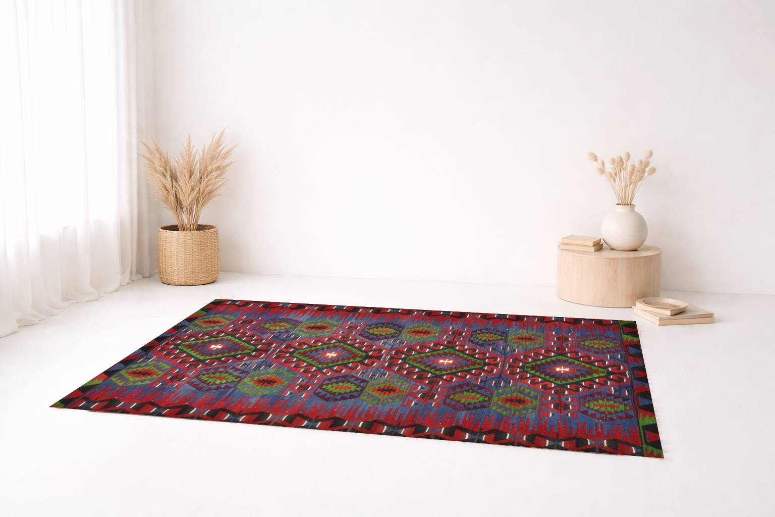 Geometric Blue & Green Vintage Kilim Rug, 154x305Cm