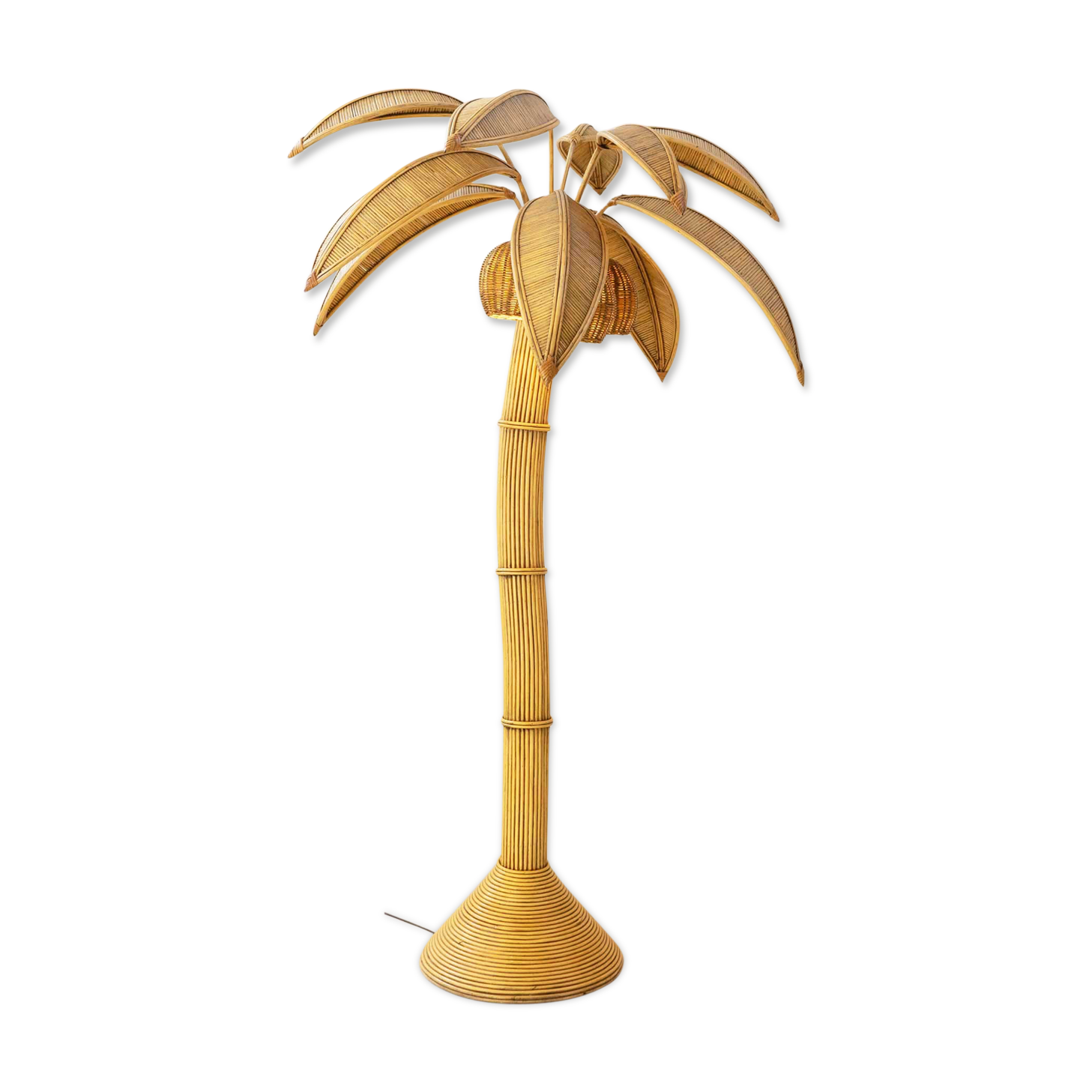 Lampadaire palmier vintage en rotin
