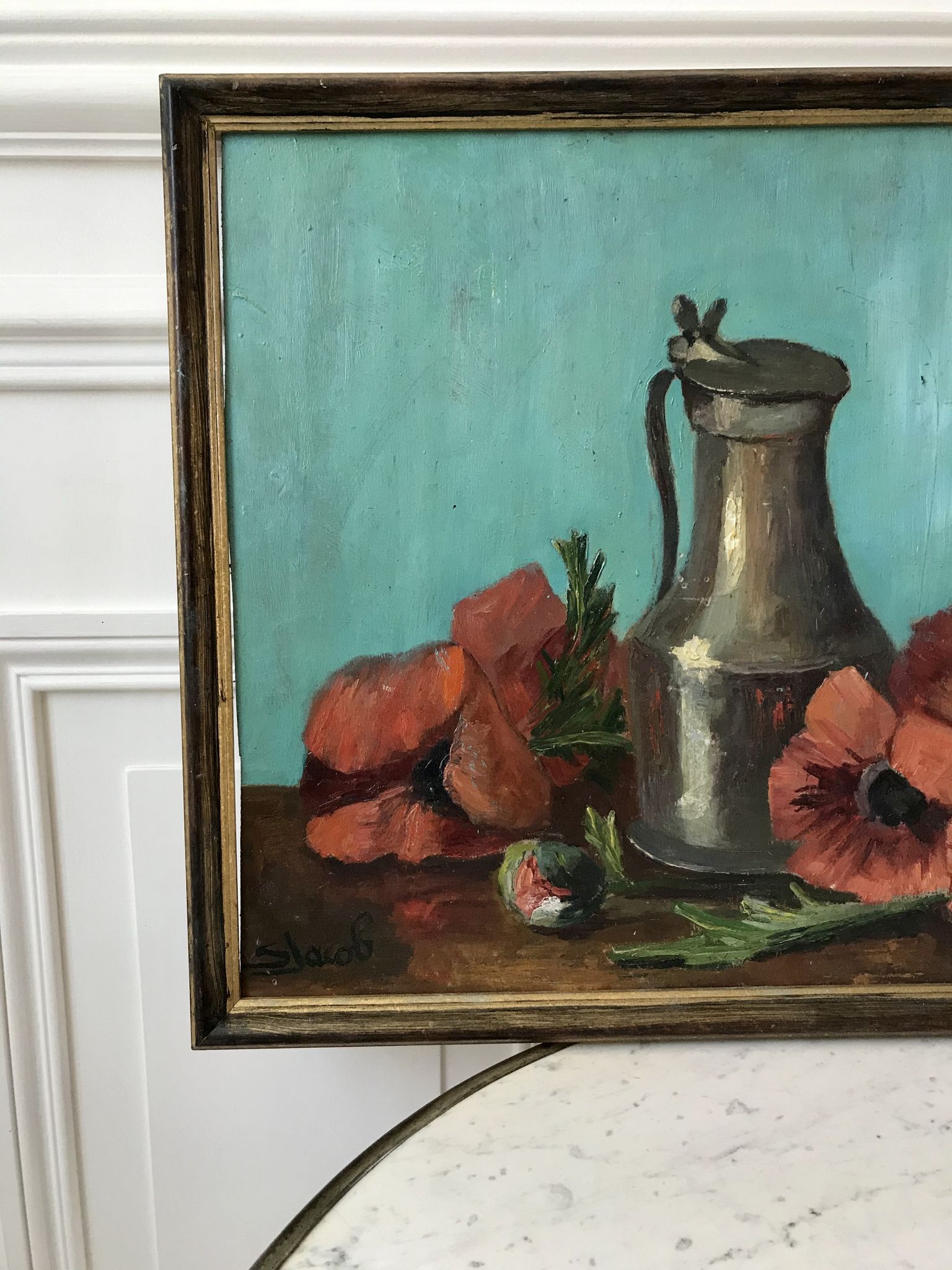 Old painting signed still life pitcher and poppies on vintage azure background