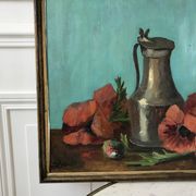 Old painting signed still life pitcher and poppies on vintage azure background