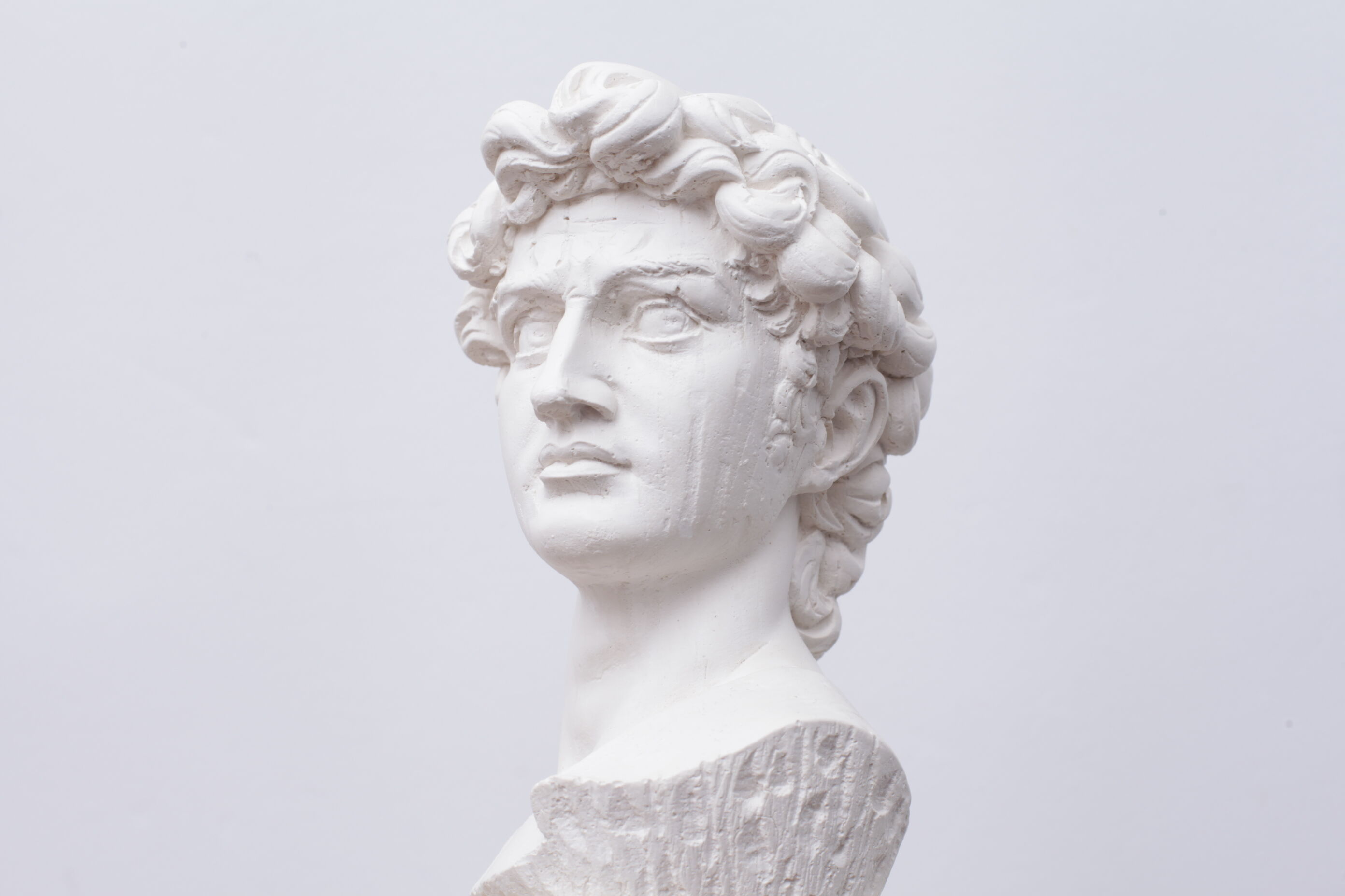 Head David in white plaster Roman Greek sculpture