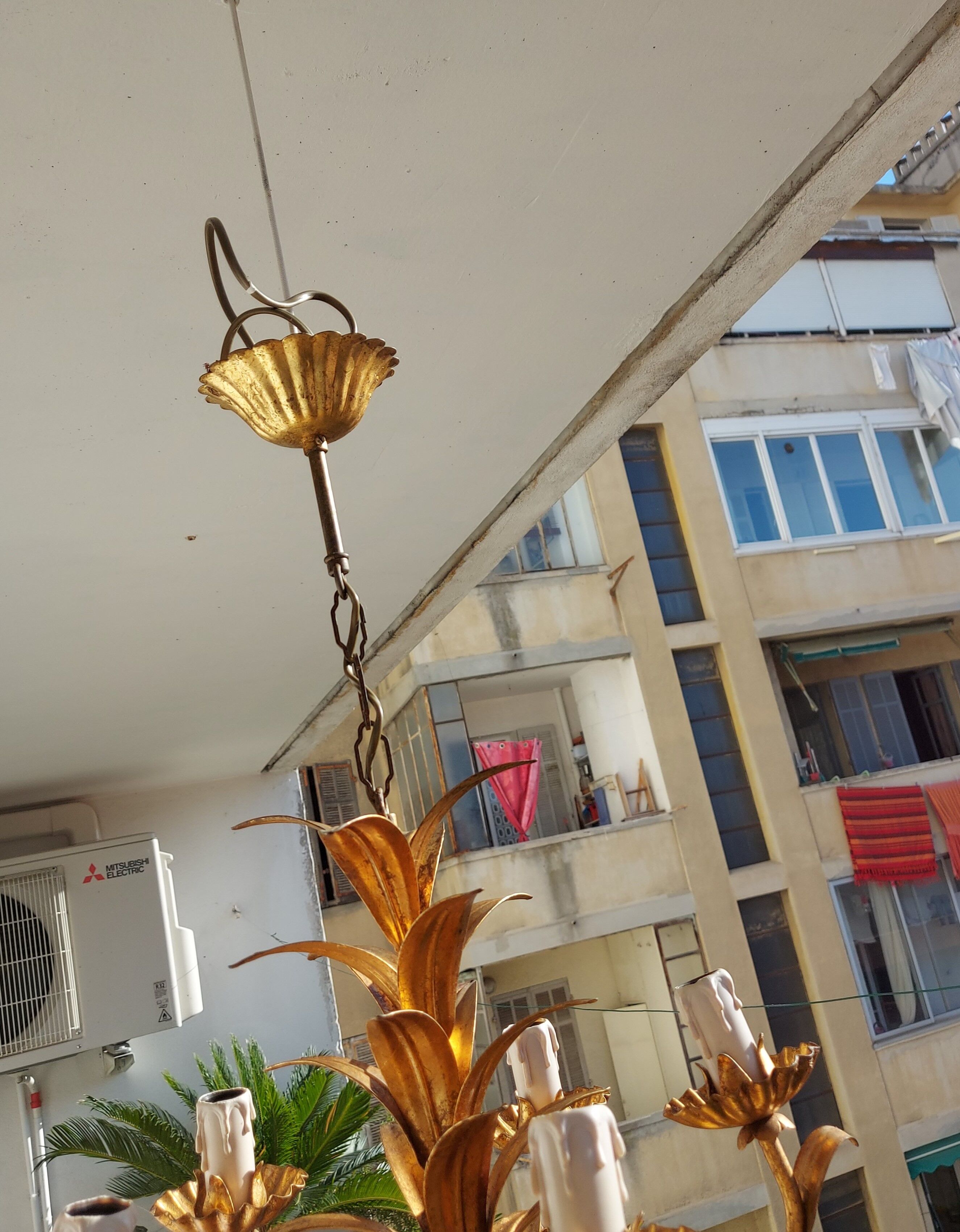Chandelier gilded metal leaves by Hans Kogl, 1970's
