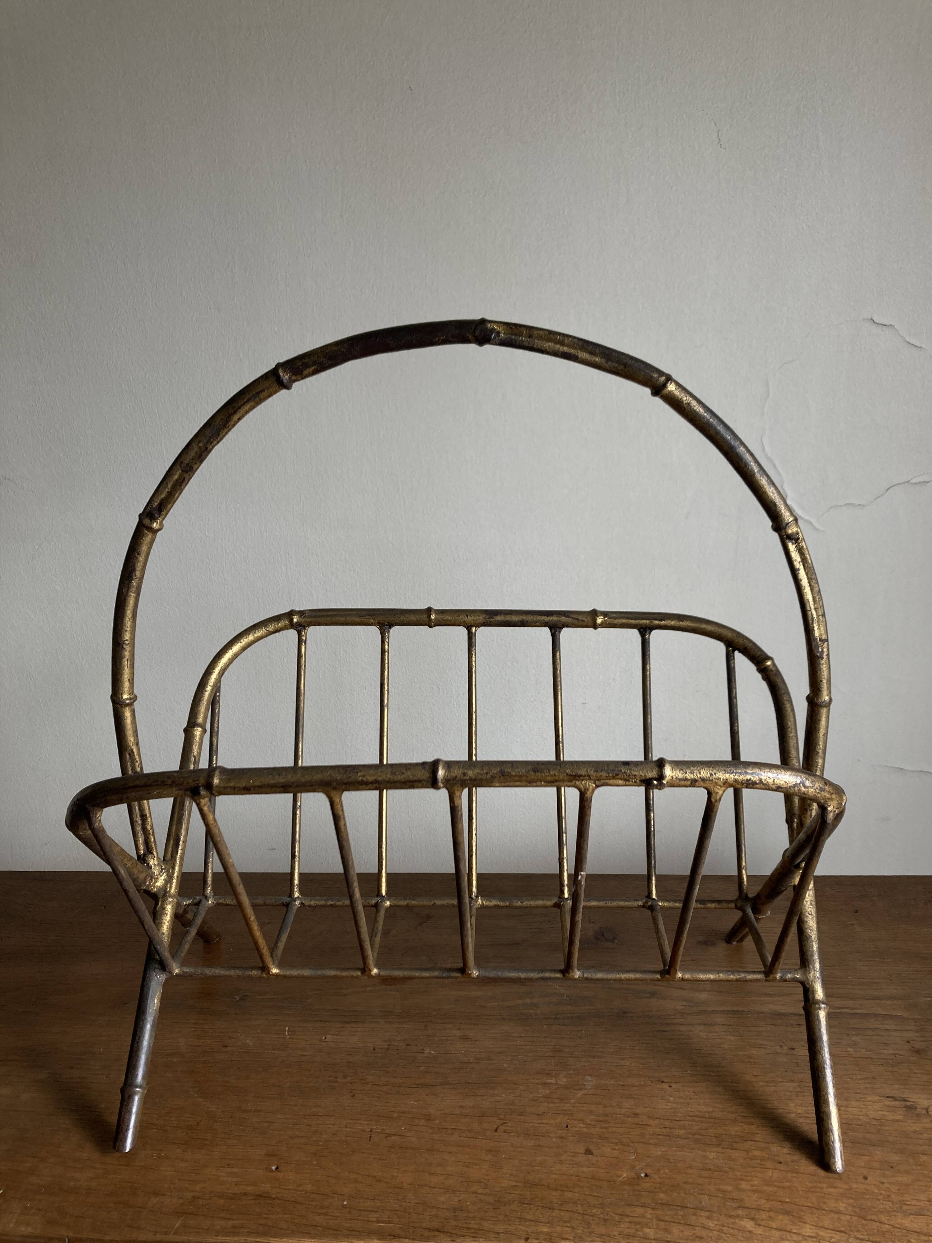 1960s magazine rack in gilded wrought iron, faux bamboo, Italian work