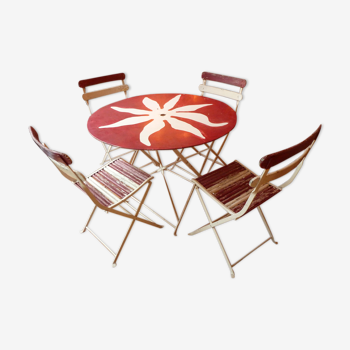 Wood and sheet garden lounge 1 round table and 4 foldable chairs 1930s