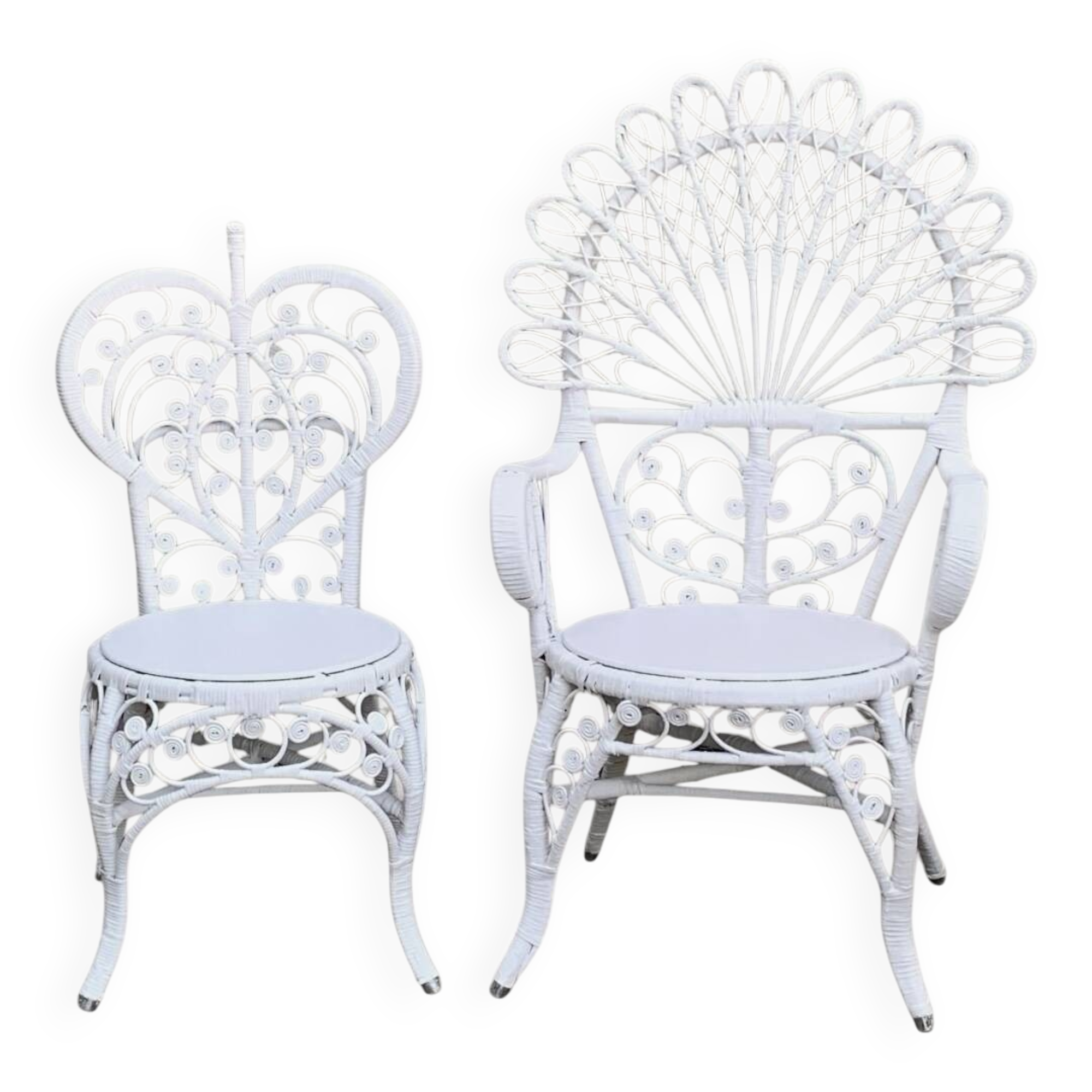 Peacock armchair and chair in white rattan, 1970
