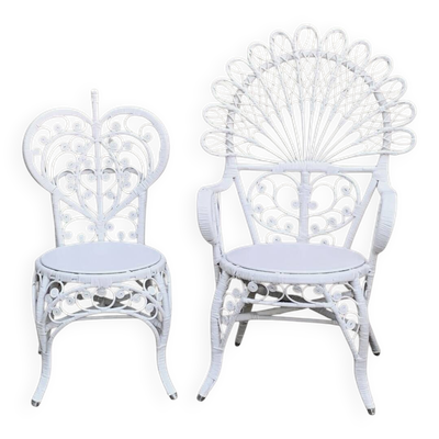 Fauteuil et chaise Peacock en rotin blanc, 1970