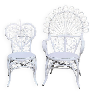 Fauteuil et chaise Peacock en rotin blanc, 1970