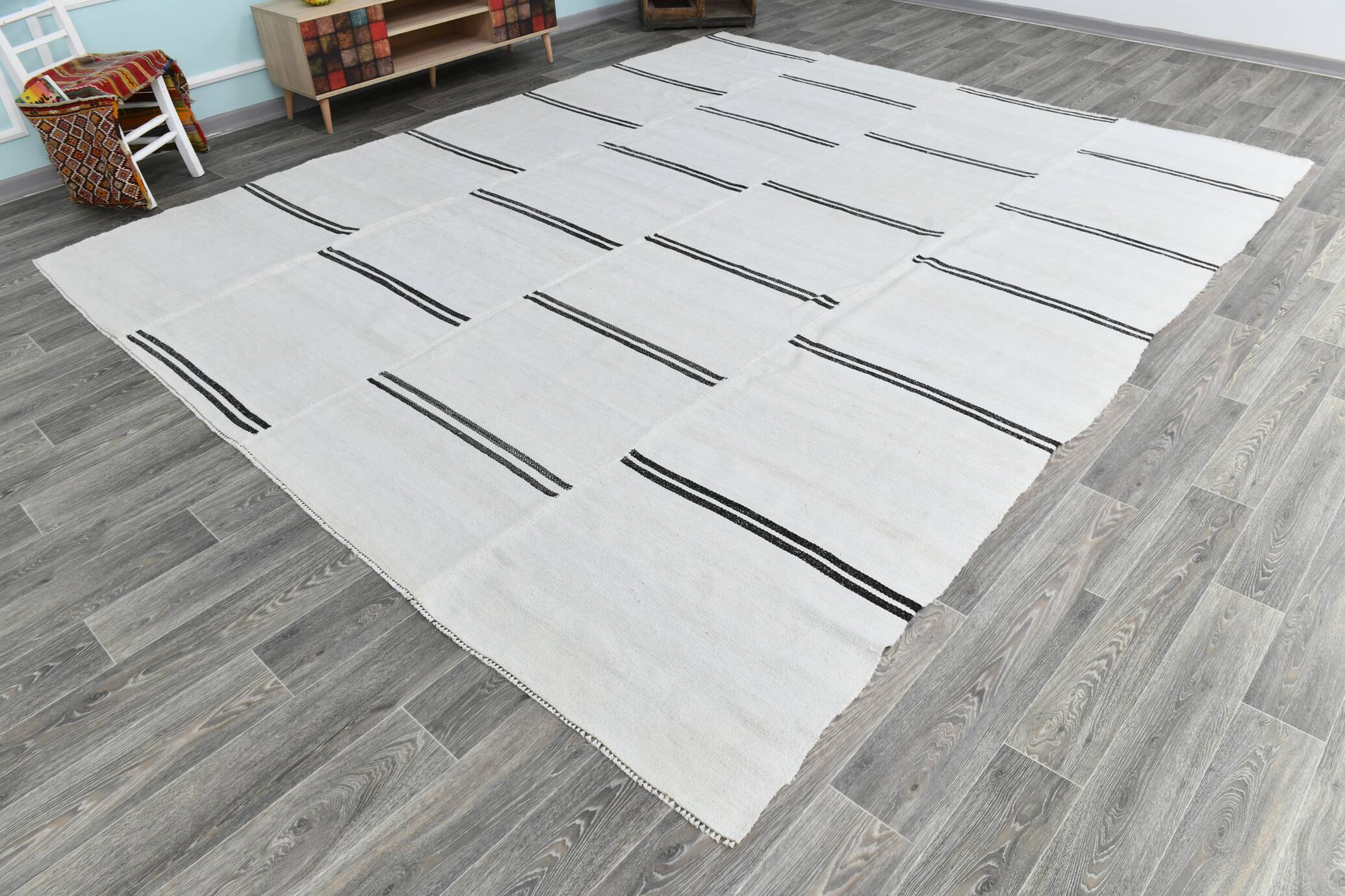 %100 Wool Beige & Black Striped Vintage Kilim Rug, 309x366 Cm