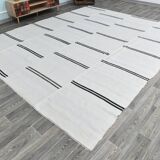 %100 Wool Beige & Black Striped Vintage Kilim Rug, 309x366 Cm