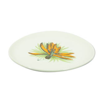 Plat faïence blanche fleur stylisée orange