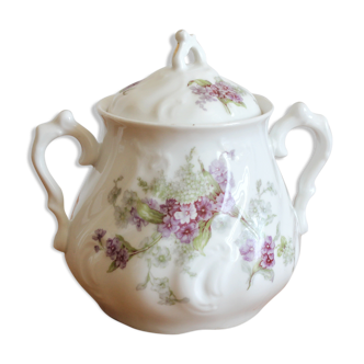 Old sugar bowl in Limoges porcelain purple floral decoration, early twentieth century