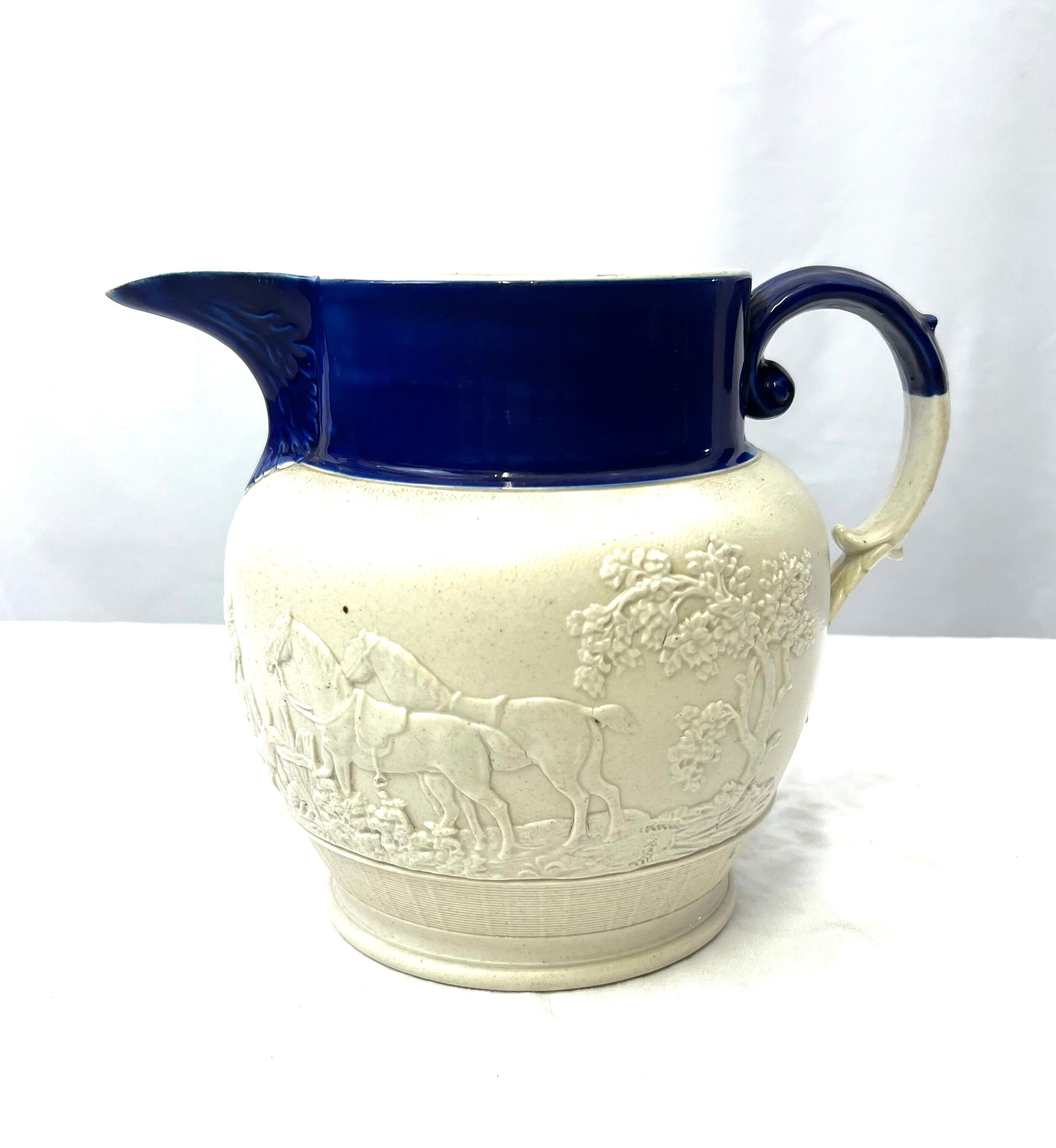 White pitcher blue pattern horses dog style Wedgwood