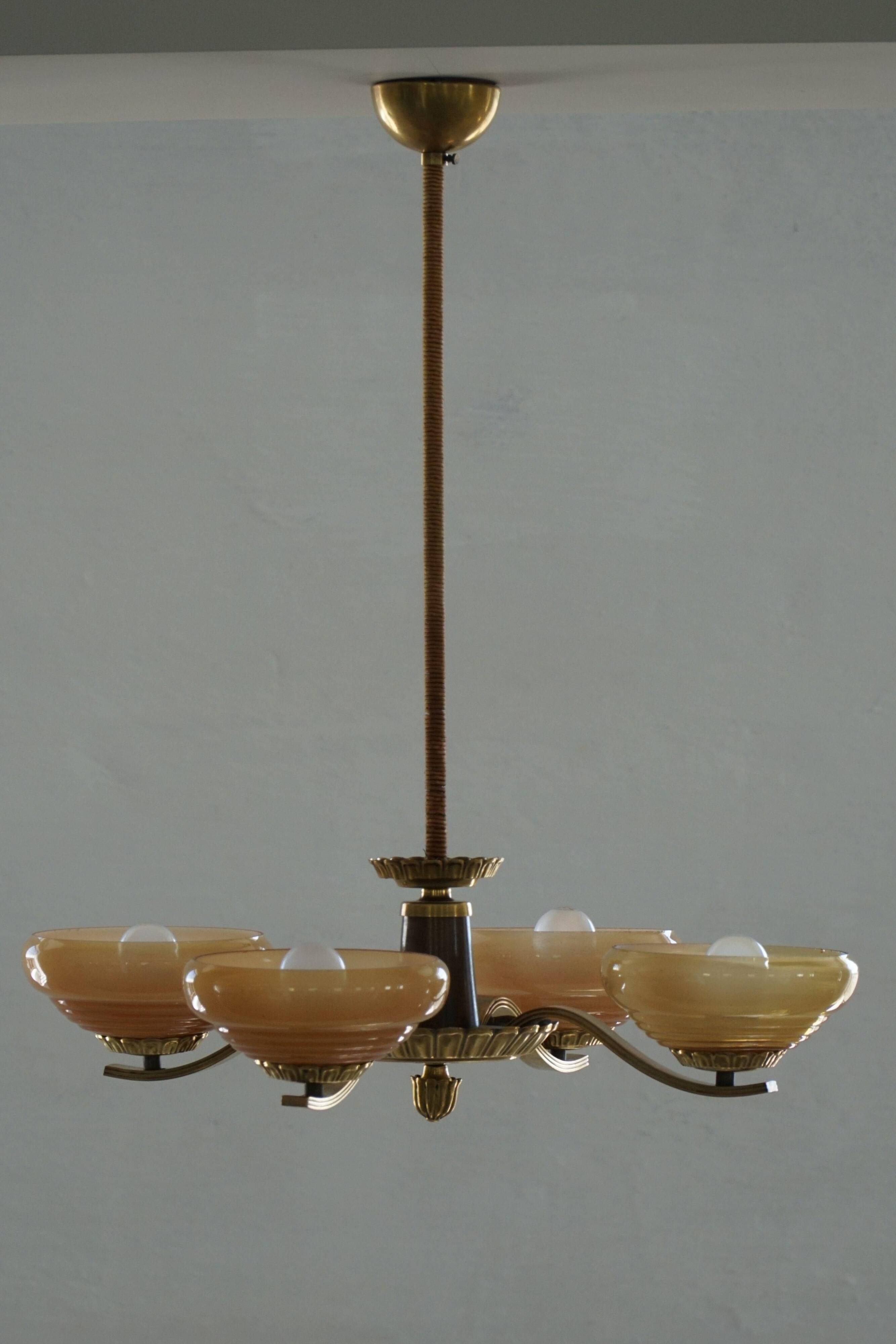 Art Deco chandelier with 4 arms in glass and brass, Sweden, 1940s