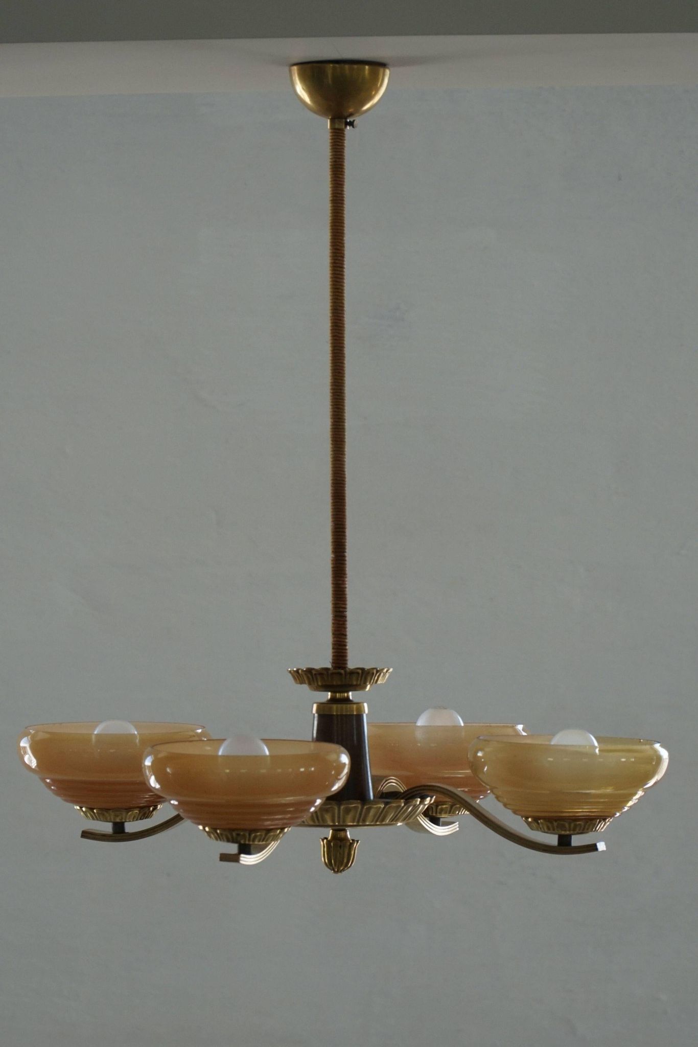 Art Deco chandelier with 4 arms in glass and brass, Sweden, 1940s