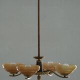 Art Deco chandelier with 4 arms in glass and brass, Sweden, 1940s