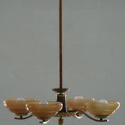 Art Deco chandelier with 4 arms in glass and brass, Sweden, 1940s