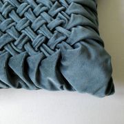 Pair of old cushions, in duck blue velvet, pleated effect