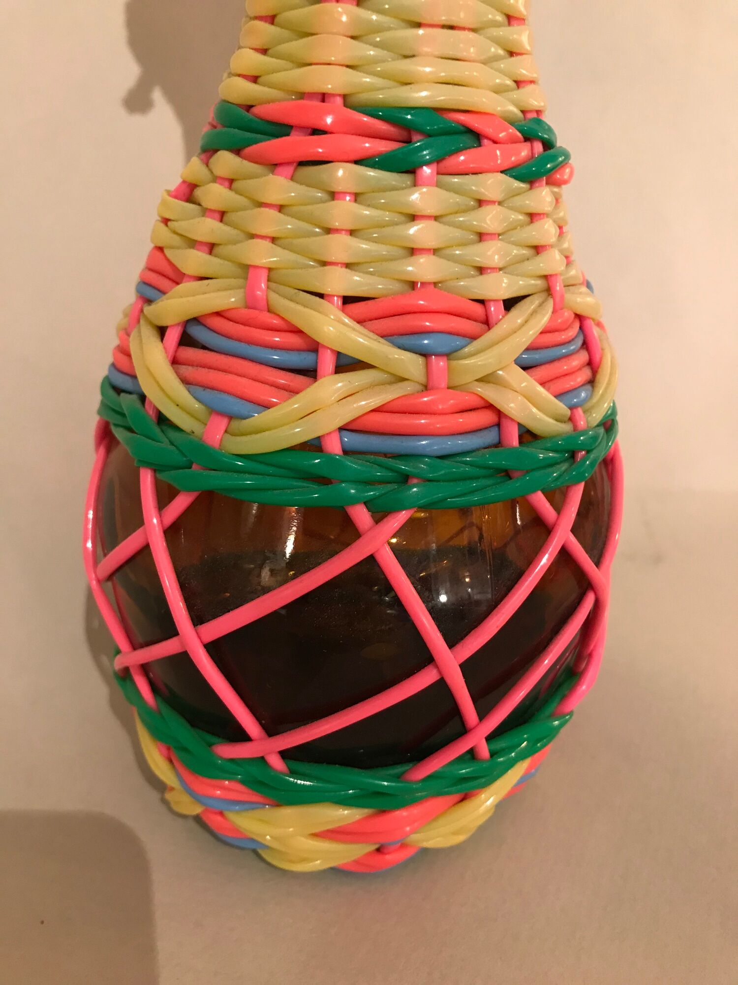 60s scoubidou bottle pink yellow green blue and smoky glass 27 cm
