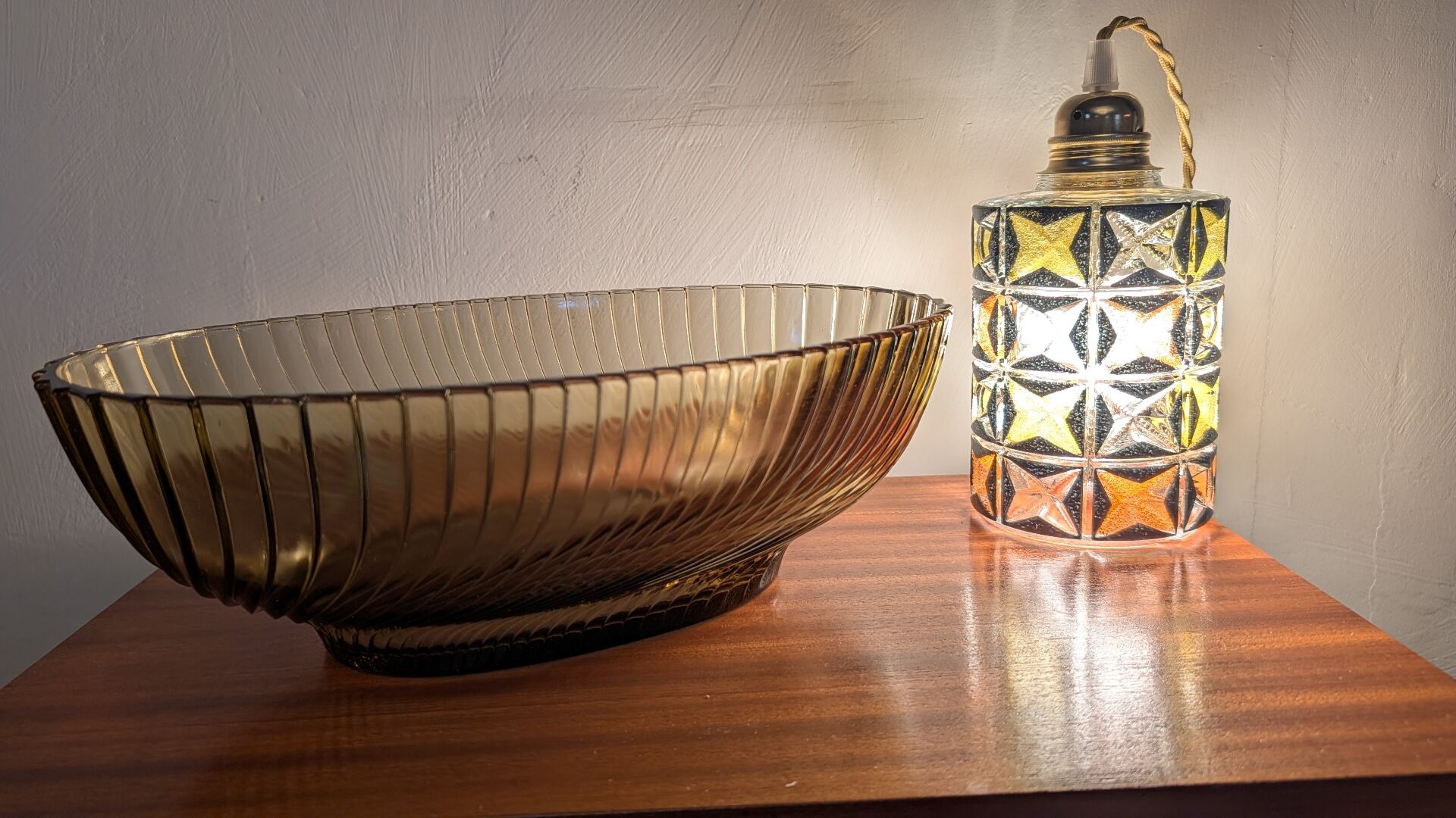 Large modernist twisted smoked glass bowl – 1970s