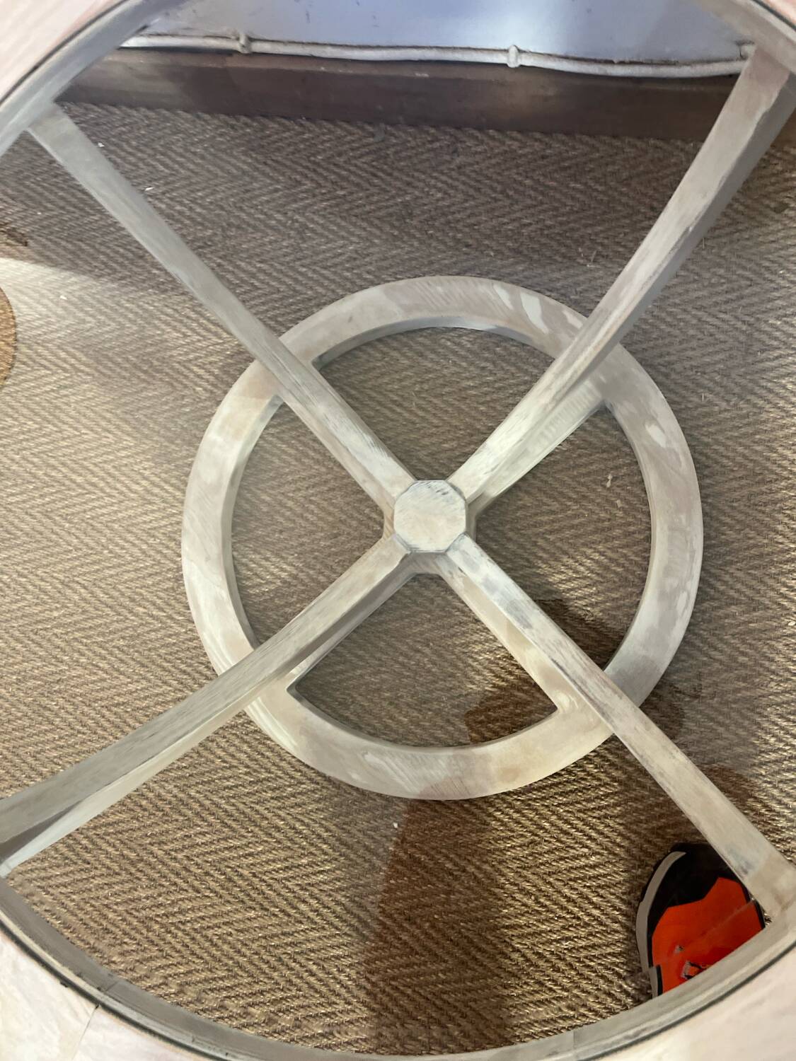 Oval patinated wood and beveled glass coffee table