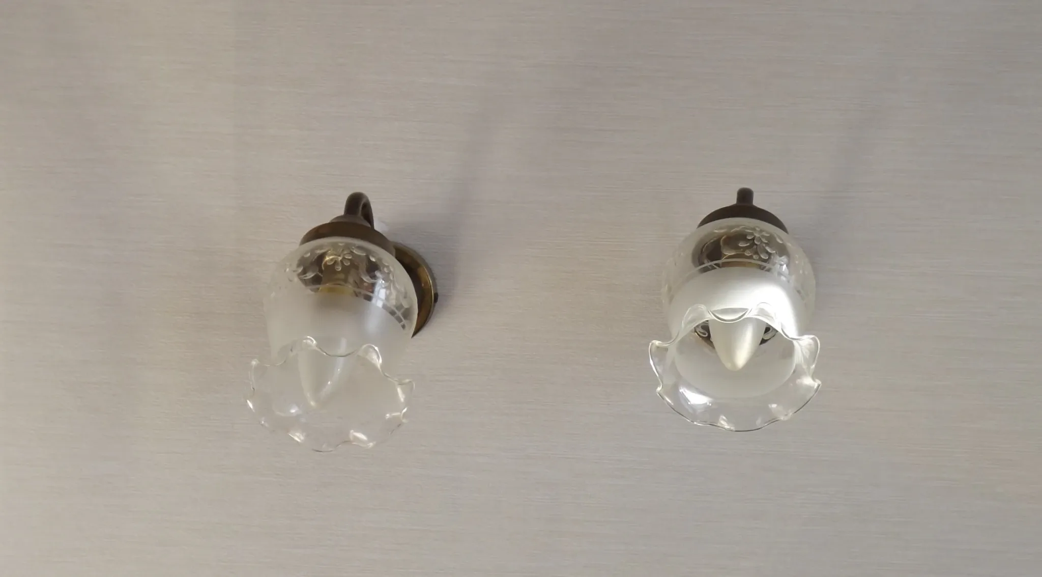 Pair of French Vintage Bronze Effect Metal Wall LIghts Floral Glass Shades
