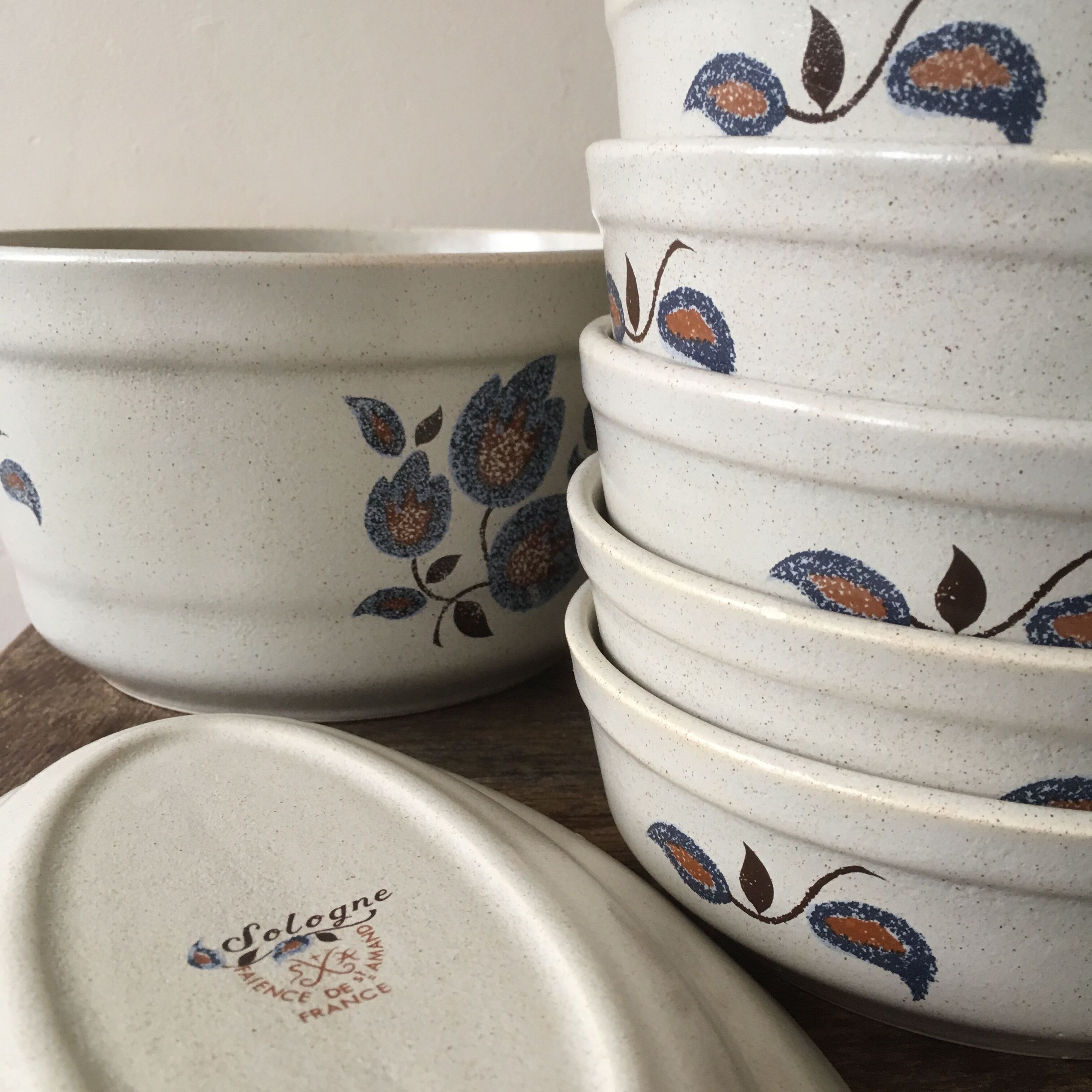 Salad bowl and 5 assorted hollow plates St-Amand Sologne
