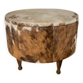 Pouf coffre tripode en bois et peau de vache années 60-70