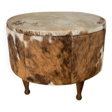 Tripod storage pouffe in wood and cowhide from the 60s-70s.