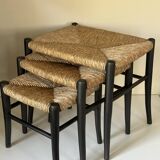 Vintage straw nesting stools, 60s design