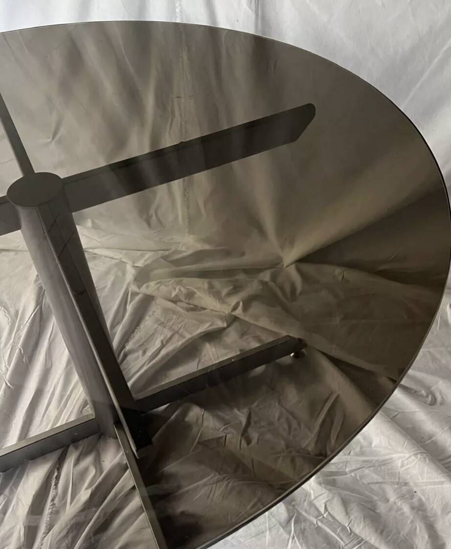 Round designer dining table in metal and smoked glass, Roche Bobois 1970