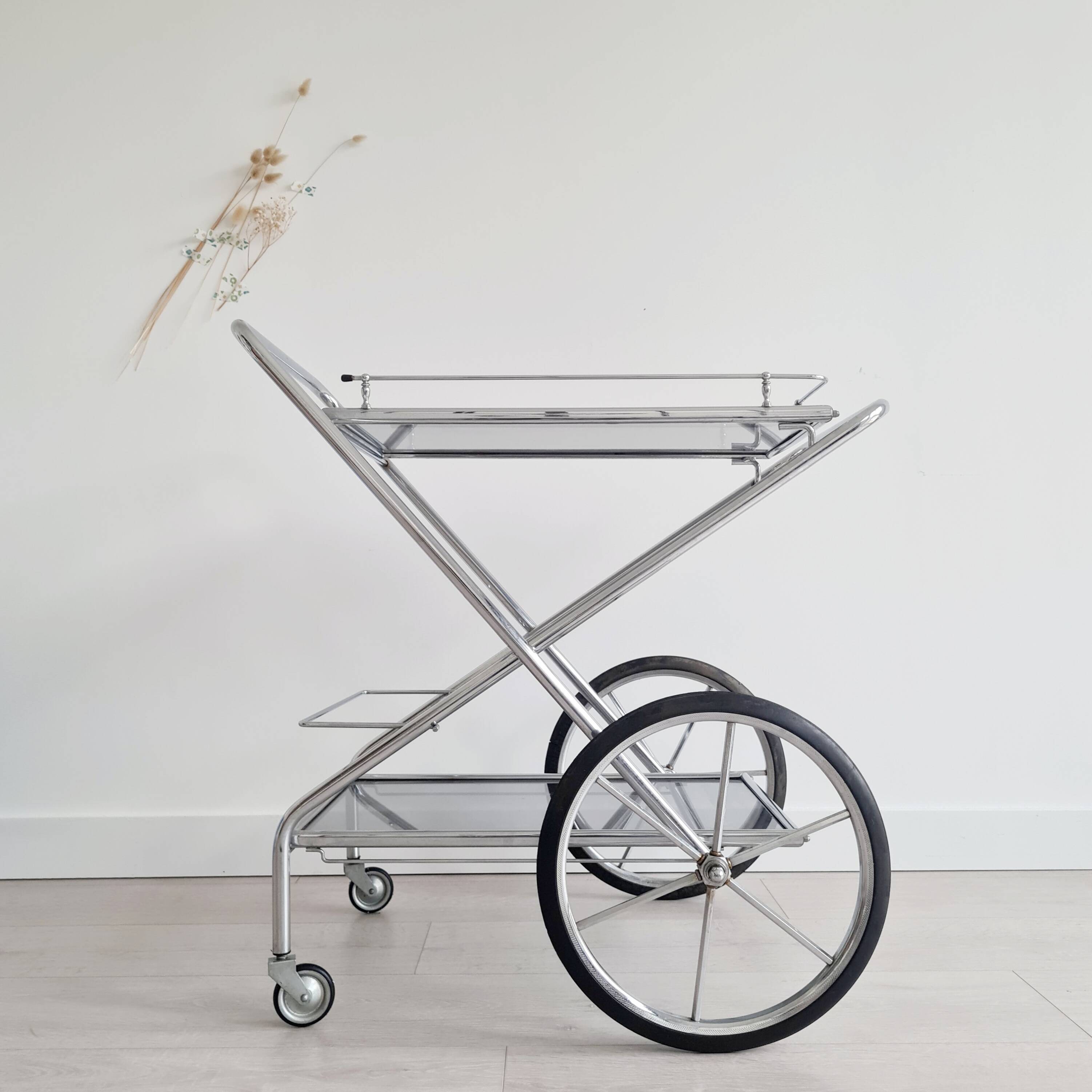 Rolling trolley - chrome and glass shelves