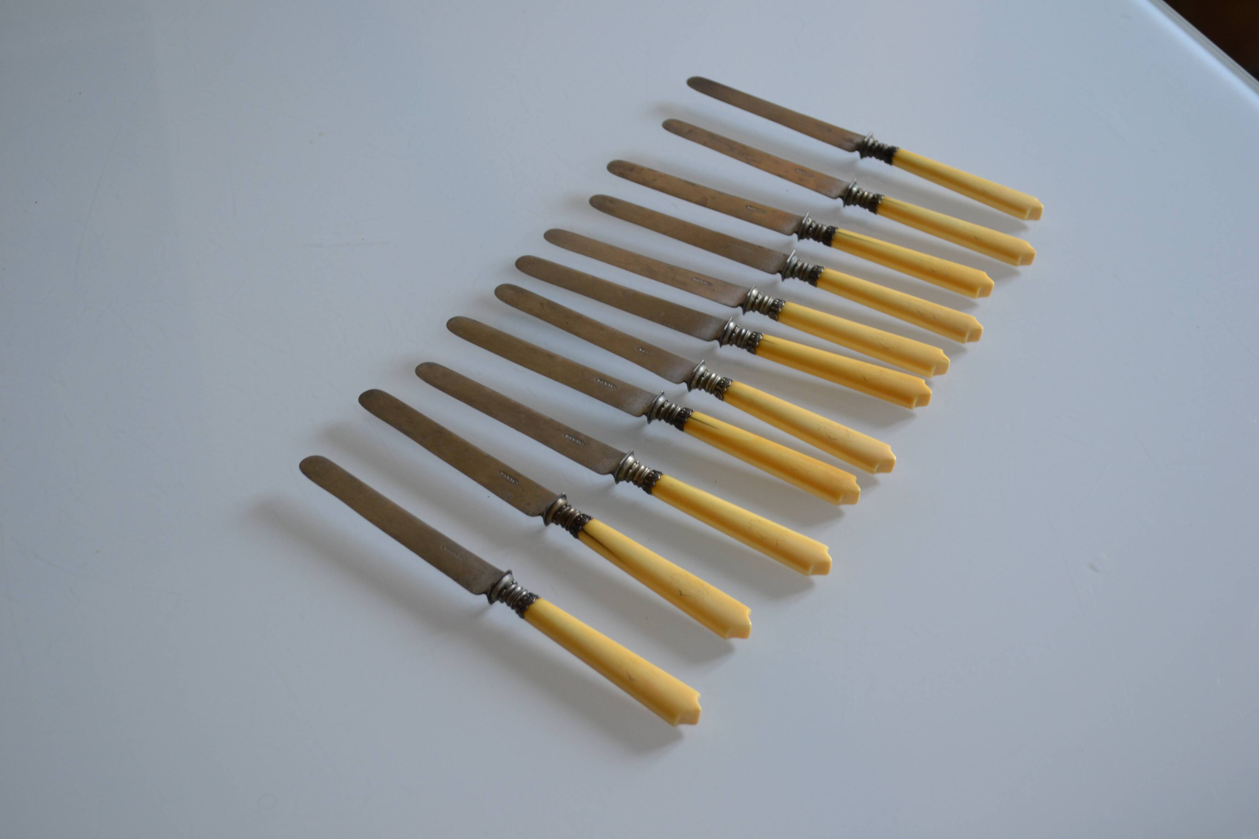 11 antique 19th-century table knives with ivory-colored monogram handles