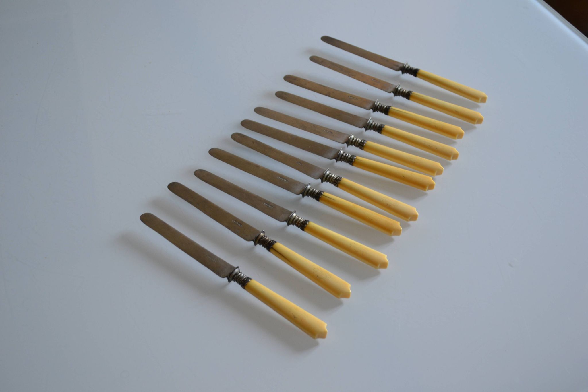 11 antique 19th-century table knives with ivory-colored monogram handles