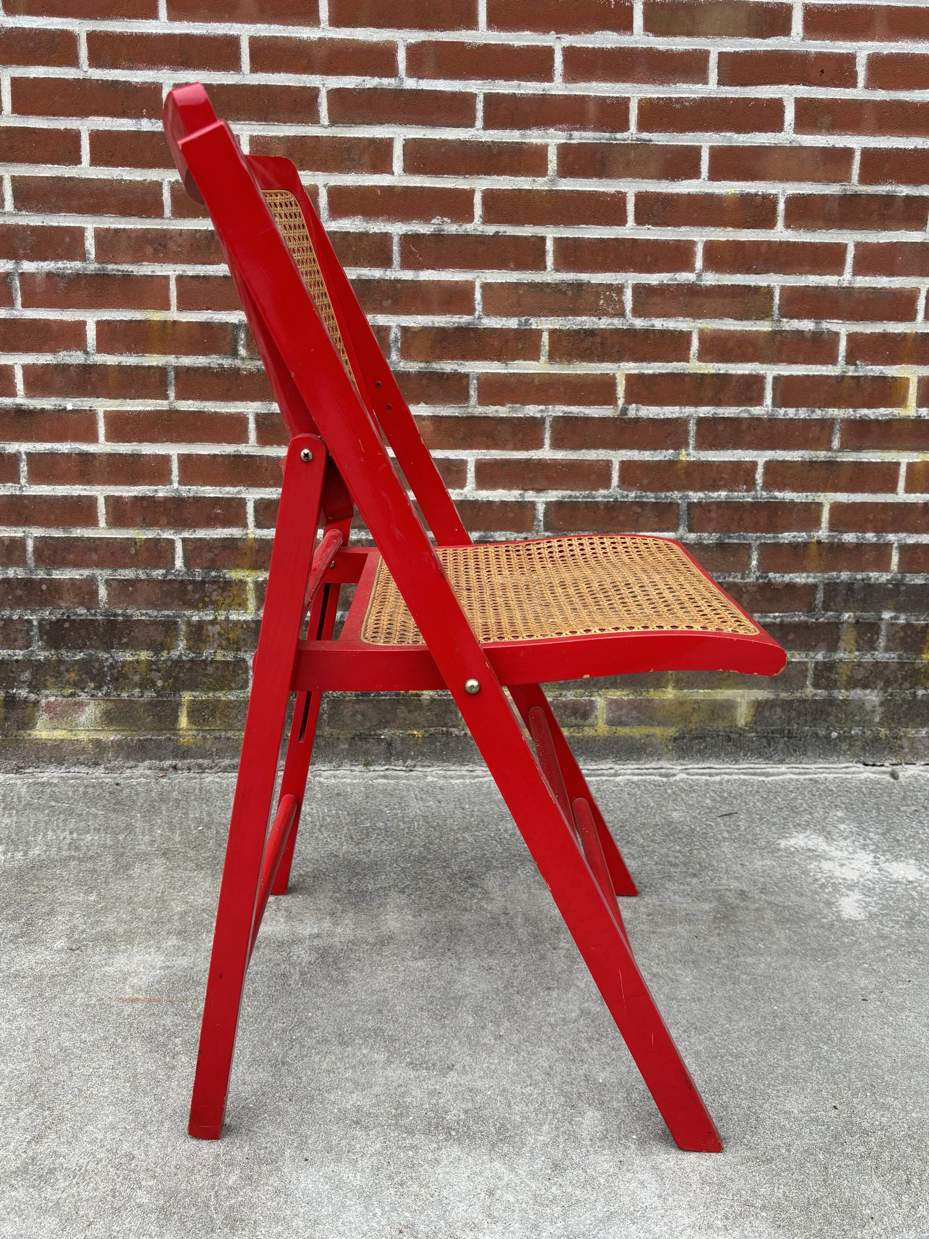 Vintage  Mid-Century Woven Cane Folding Chair  1960s in red cesca style