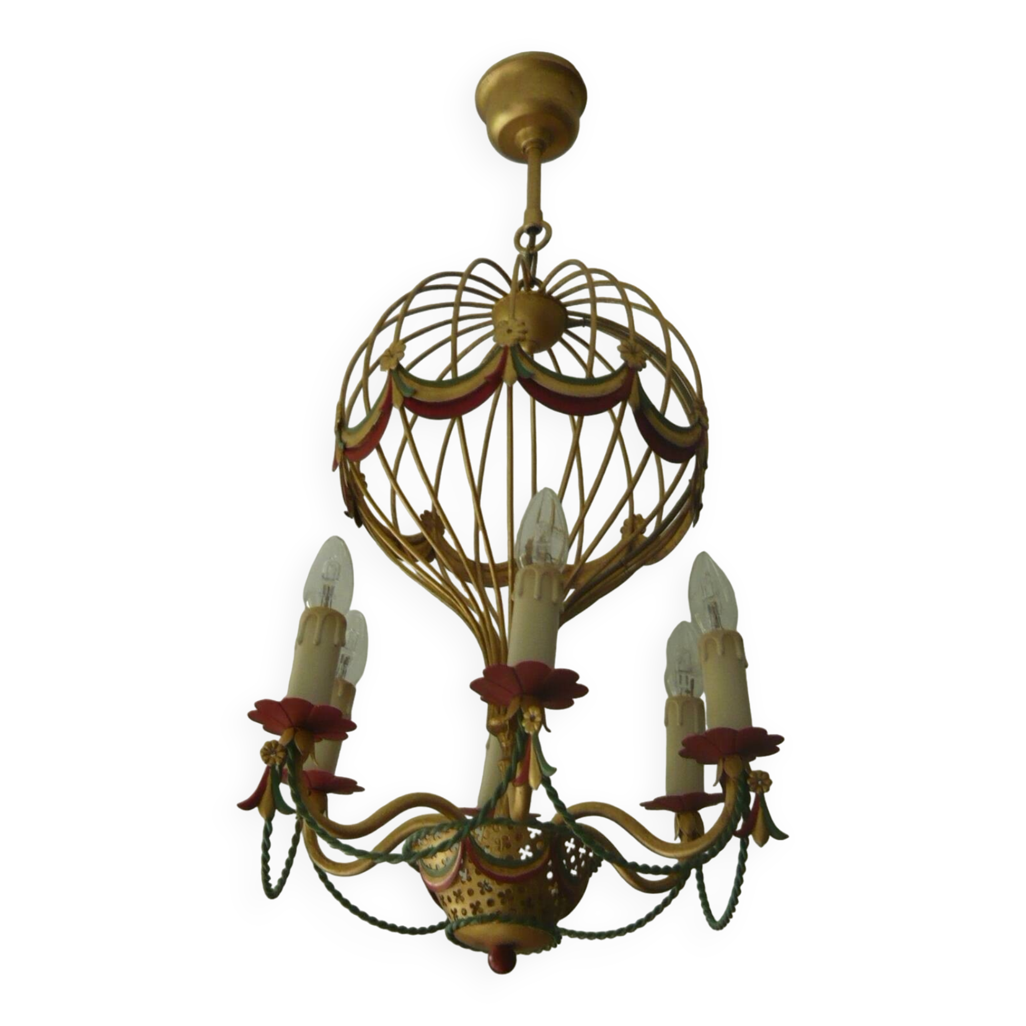 Lustre montgolfiere en metal peint dore 6 feux