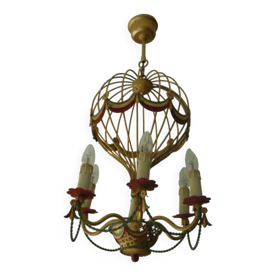 Lustre montgolfiere en metal peint dore 6 feux