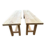 2 renovated farmhouse benches made of solid pine from the 20th century, 160cm.