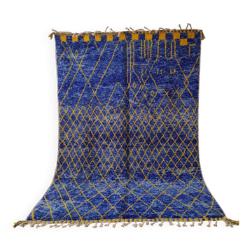 Grand Tapis Beni Ouarain Bleu Royal et Jaune, Motifs Géométriques 3x2M
