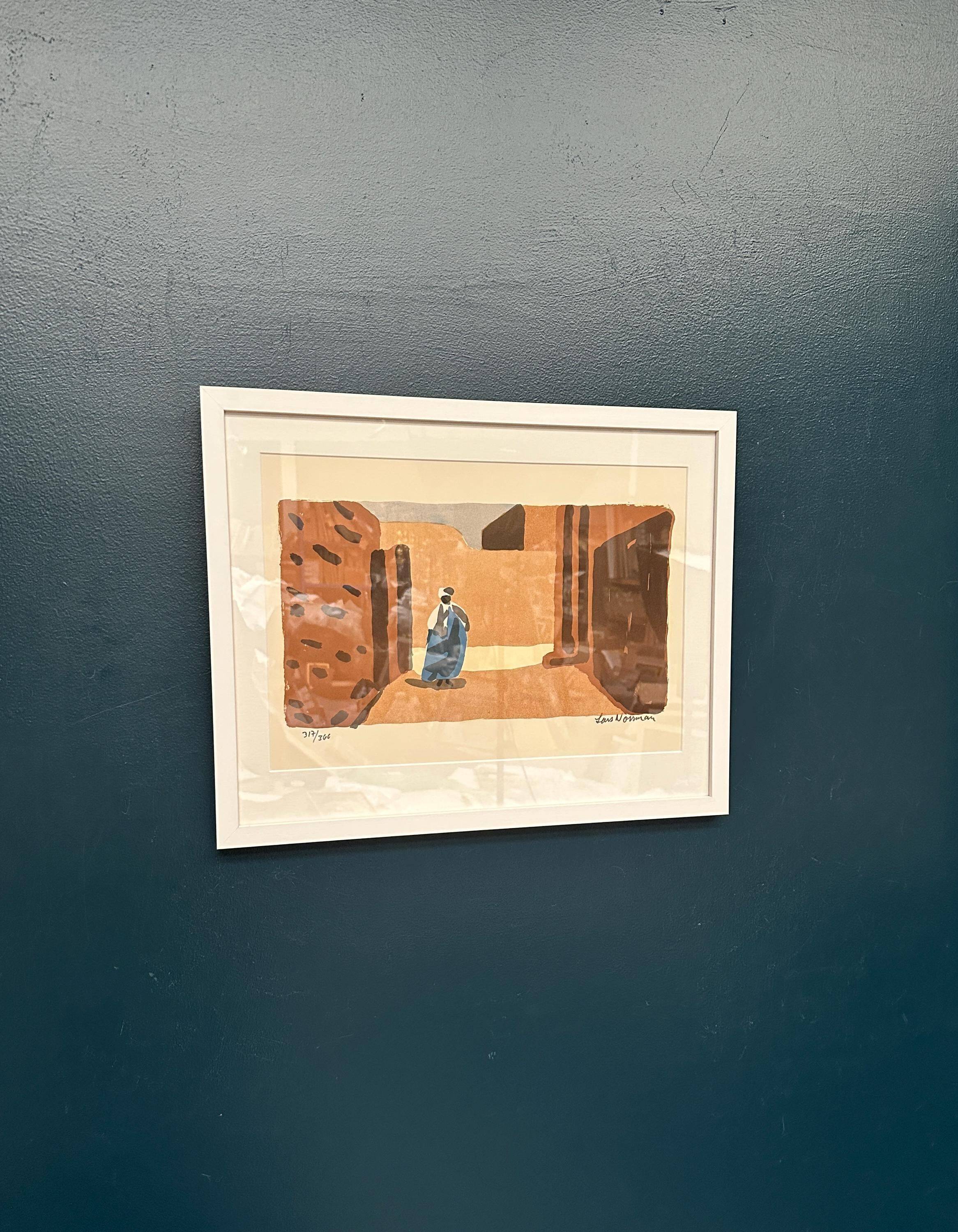 Original Swedish Color Lithograph – “Figure in a Sunlit Desert” by Lars Norrman