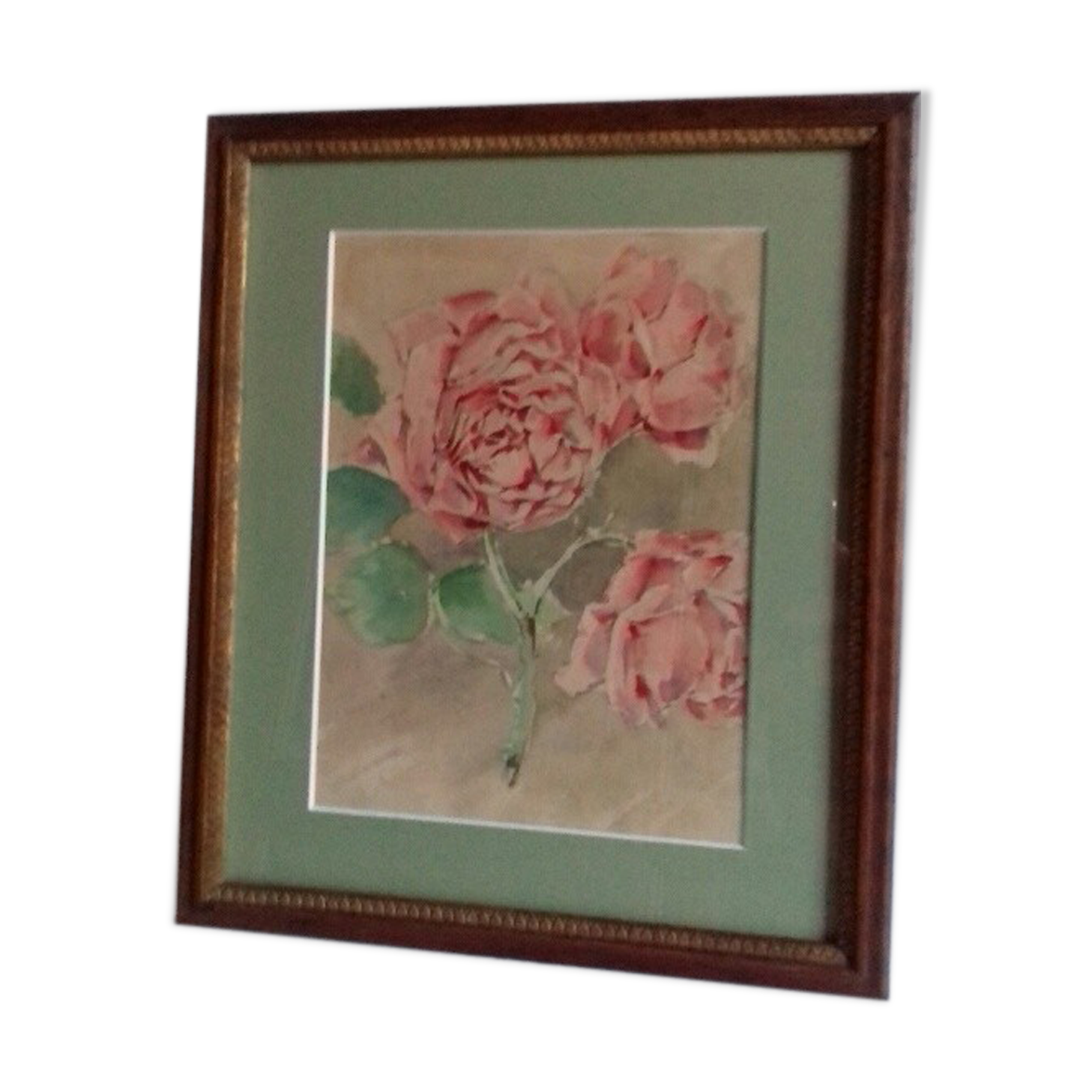 Ancient watercolour painting "3 blossoming roses"