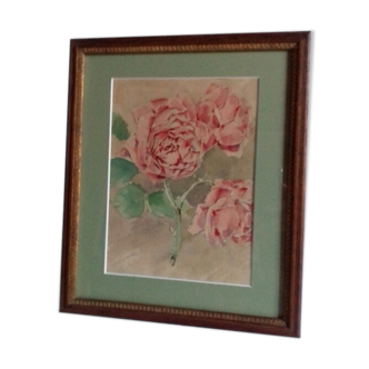 Ancient watercolour painting "3 blossoming roses"