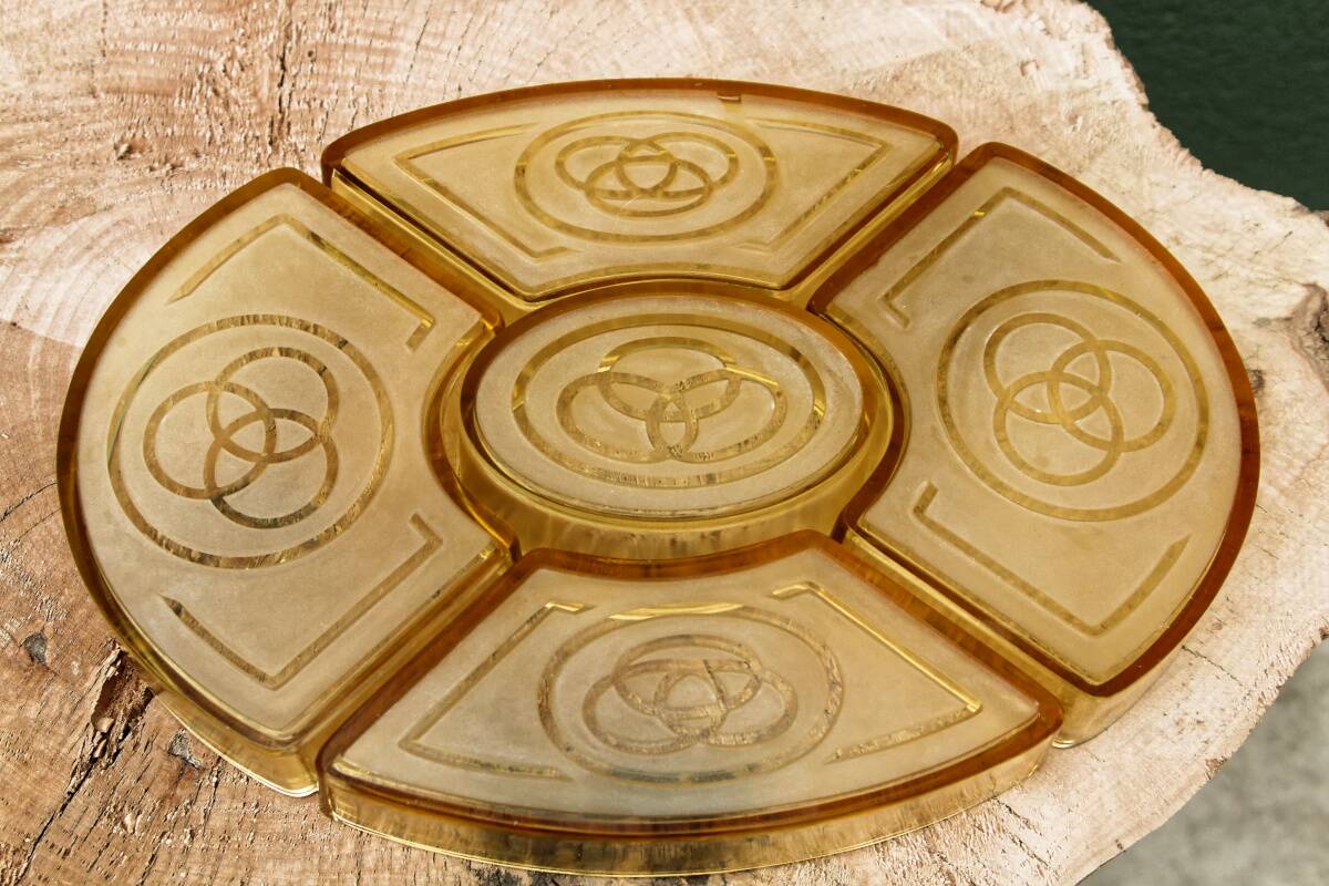 Art deco hors d'oeuvres server, silver metal, mahogany, glass