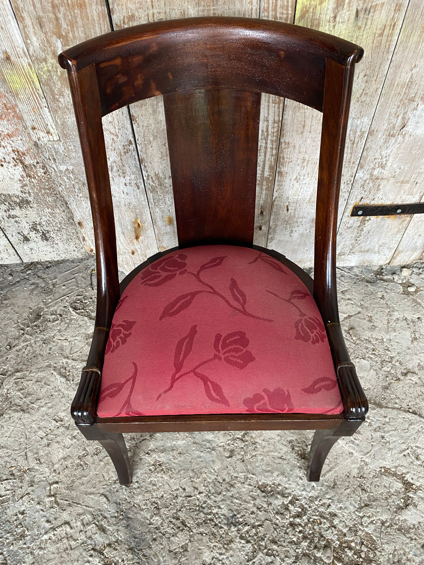 Antique Gondola Chair Empire Style Wood + Red Floral Vintage Fabric