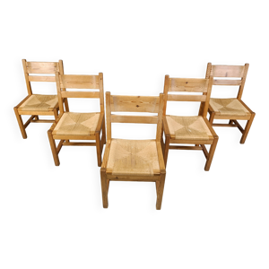 5 chaises en pin et paille