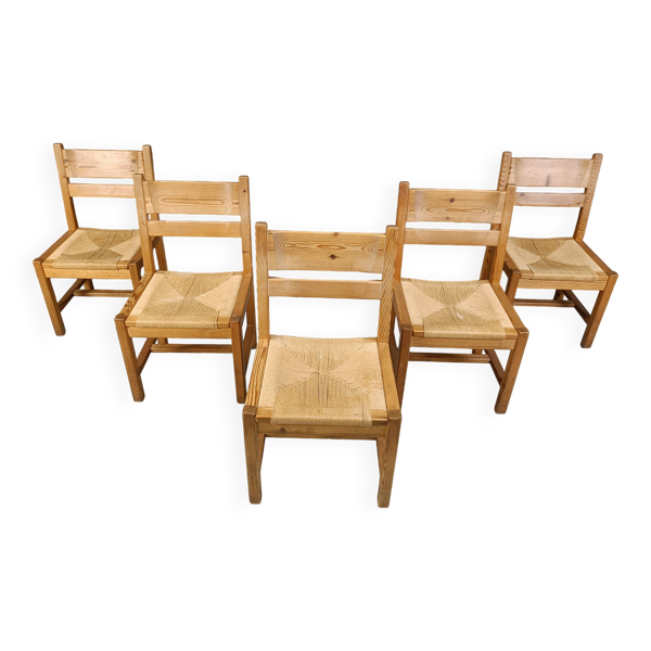 5 chaises en pin et paille par GM Mobler, années 1960