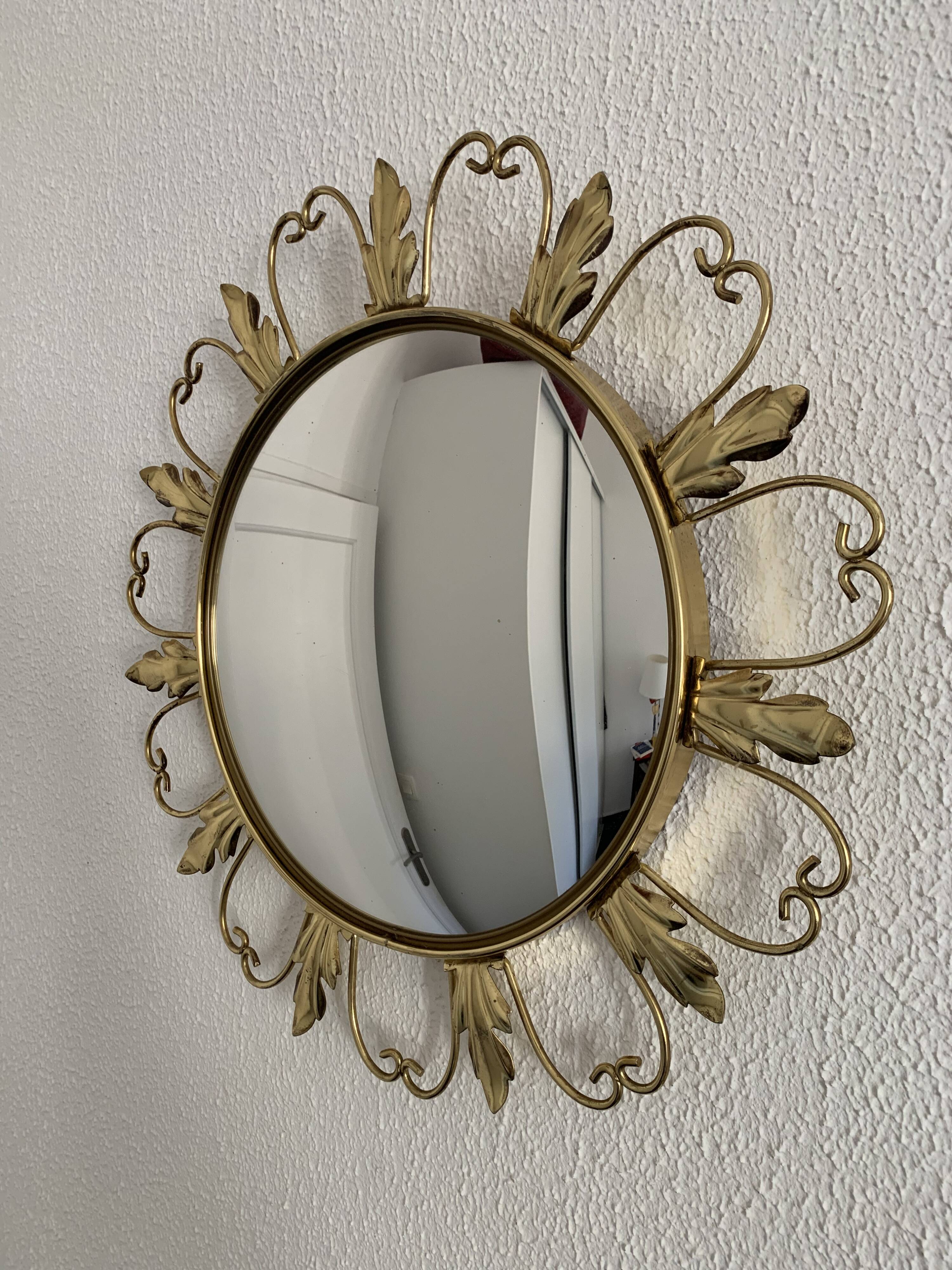 Vintage 1960s witch's eye sun mirror, domed gold metal - 45 cm