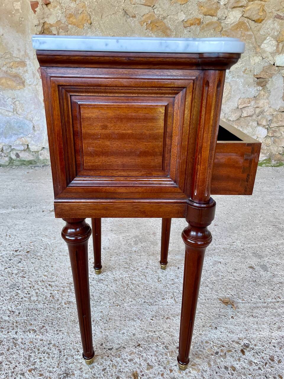 Louis XVI style bedside table, Carrara marble and mahogany