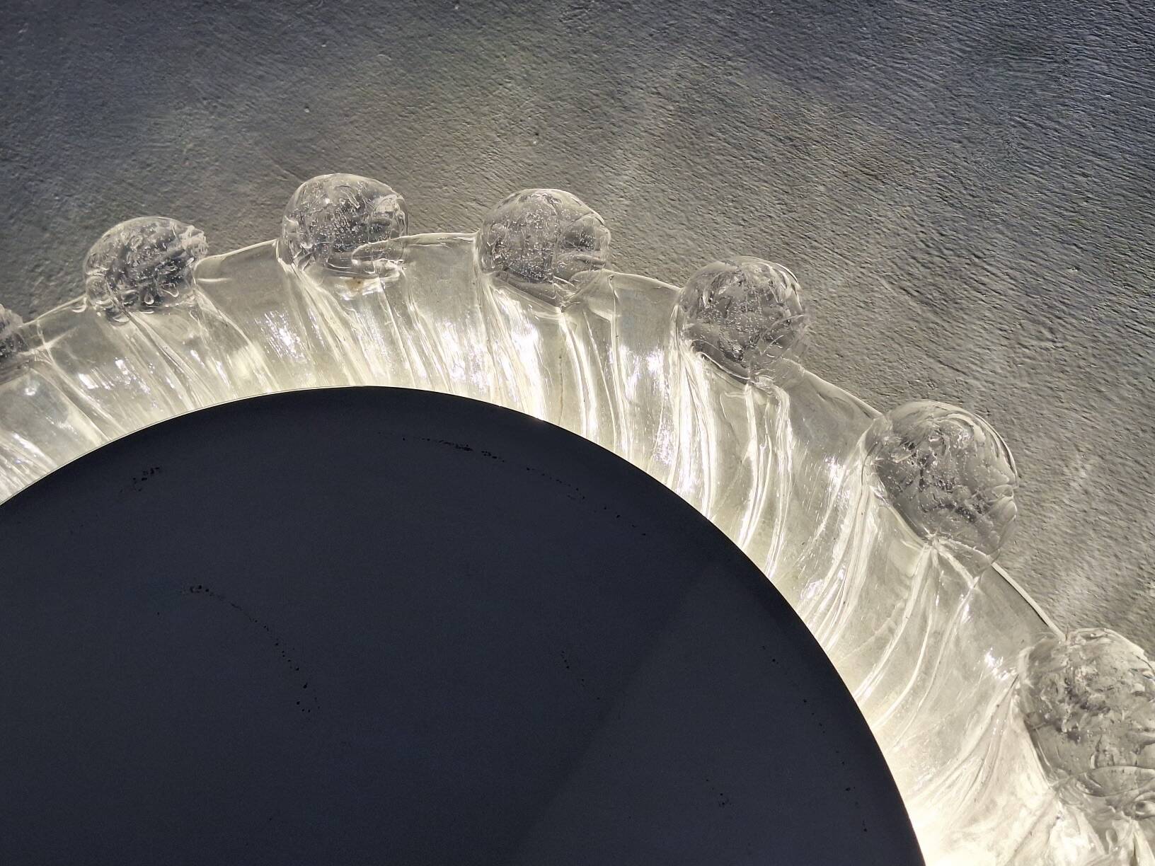 Large circular Boho wall lights with mirror in melted ice acrylic, 1970s